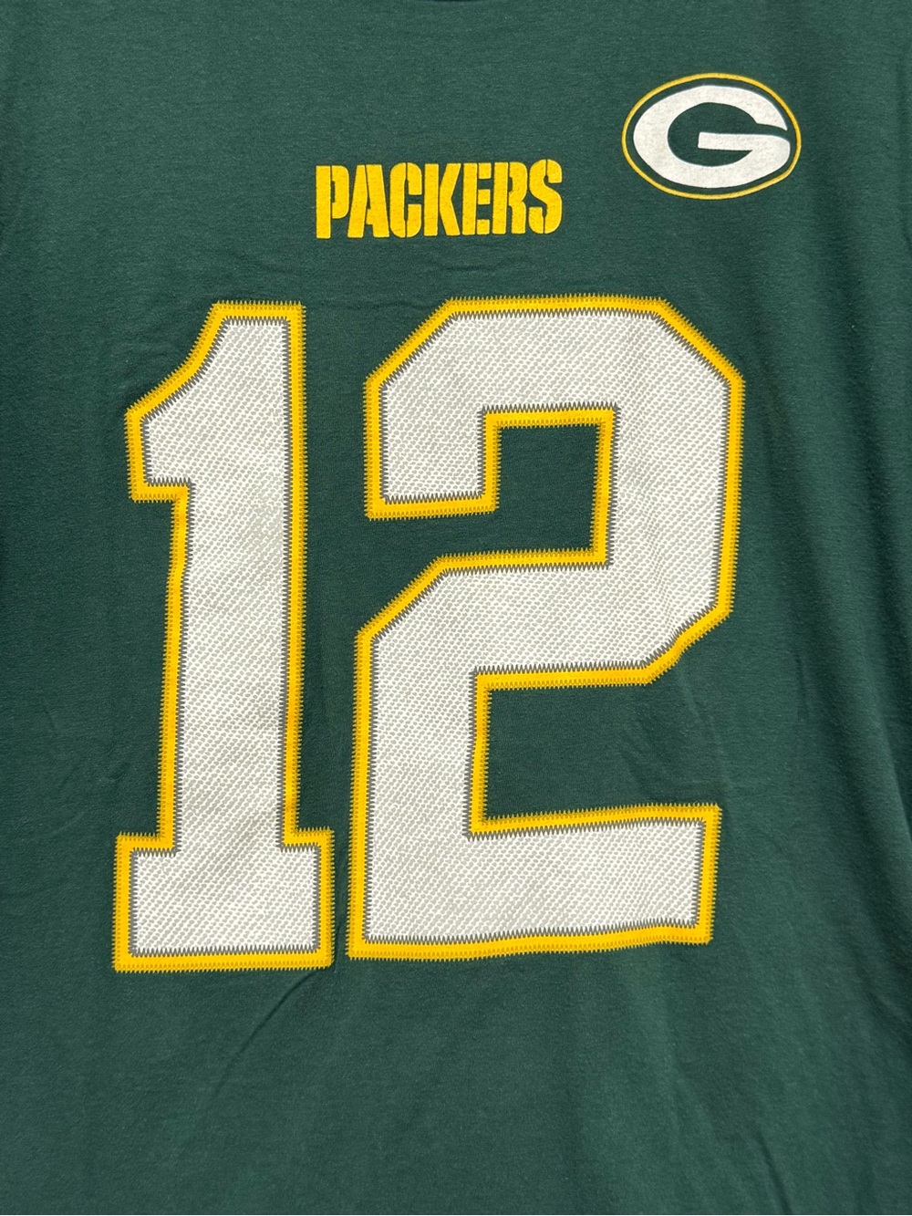 NFL Green Packers #12 Tee with White and Gold Appliqué